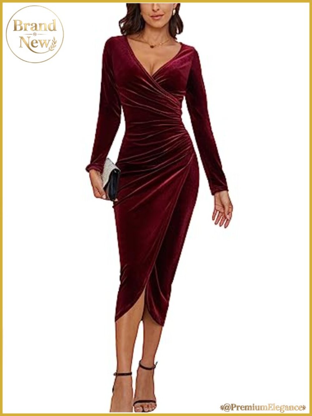 V Neck Wrap Velvet Long Sleeve Maxi Dress Ruched Bodycon